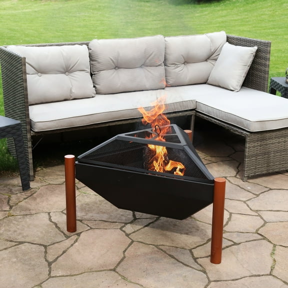 Sunnydaze 31.5" Triangle Wood-Burning Copper Finish Steel Fire Pit/Side Table with Screen