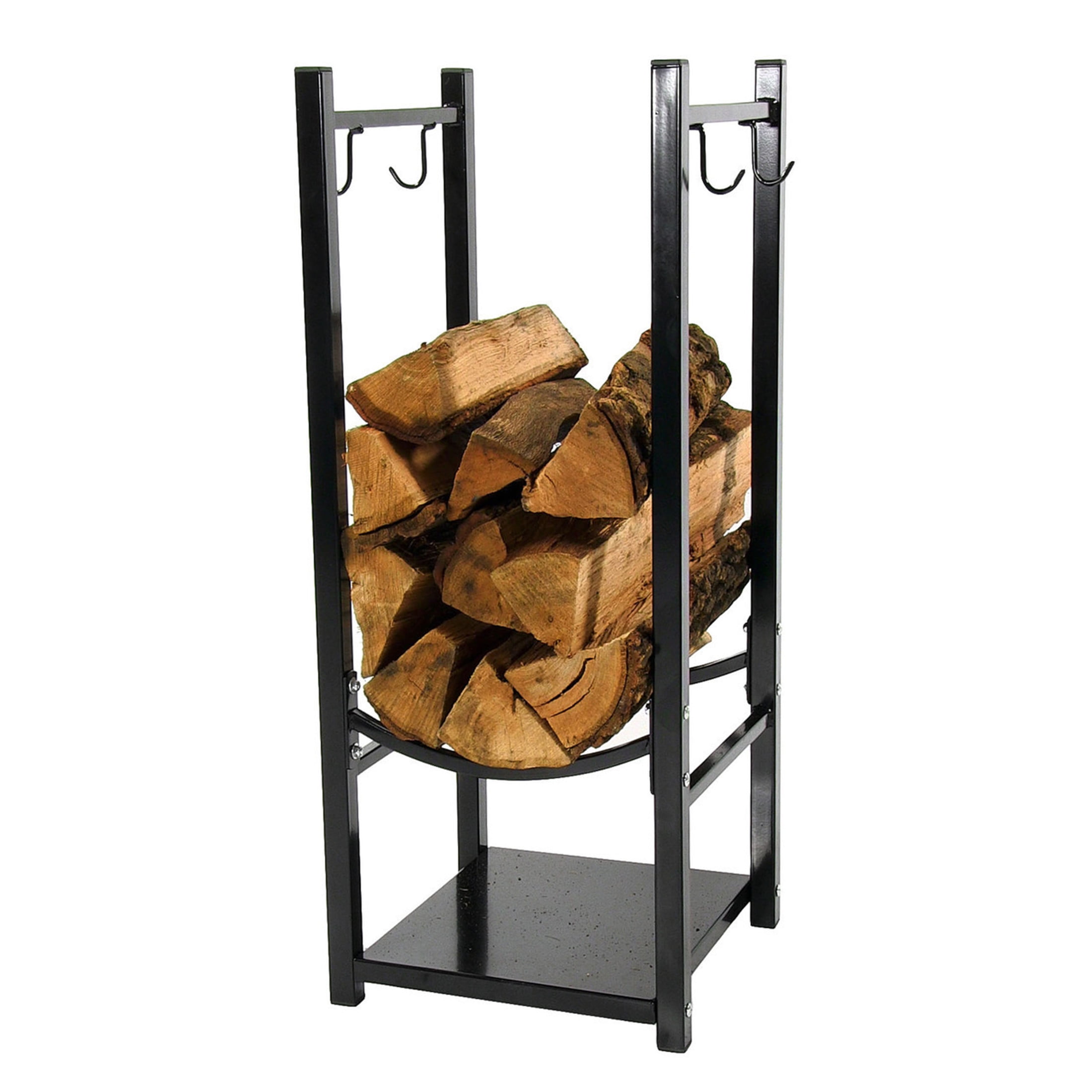 Sunnydaze Black Steel 32" Indoor/Outdoor Firewood Log Rack with Hooks