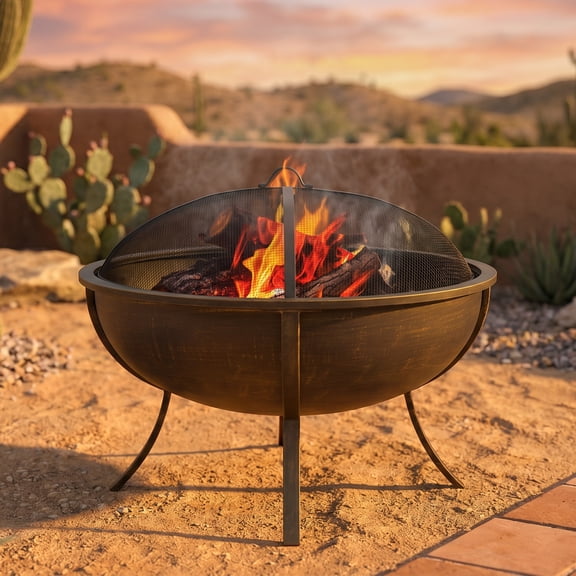 Sunnydaze 32" Round Wood-Burning Brass Finish Steel Fire Pit Bowl with Spark Screen