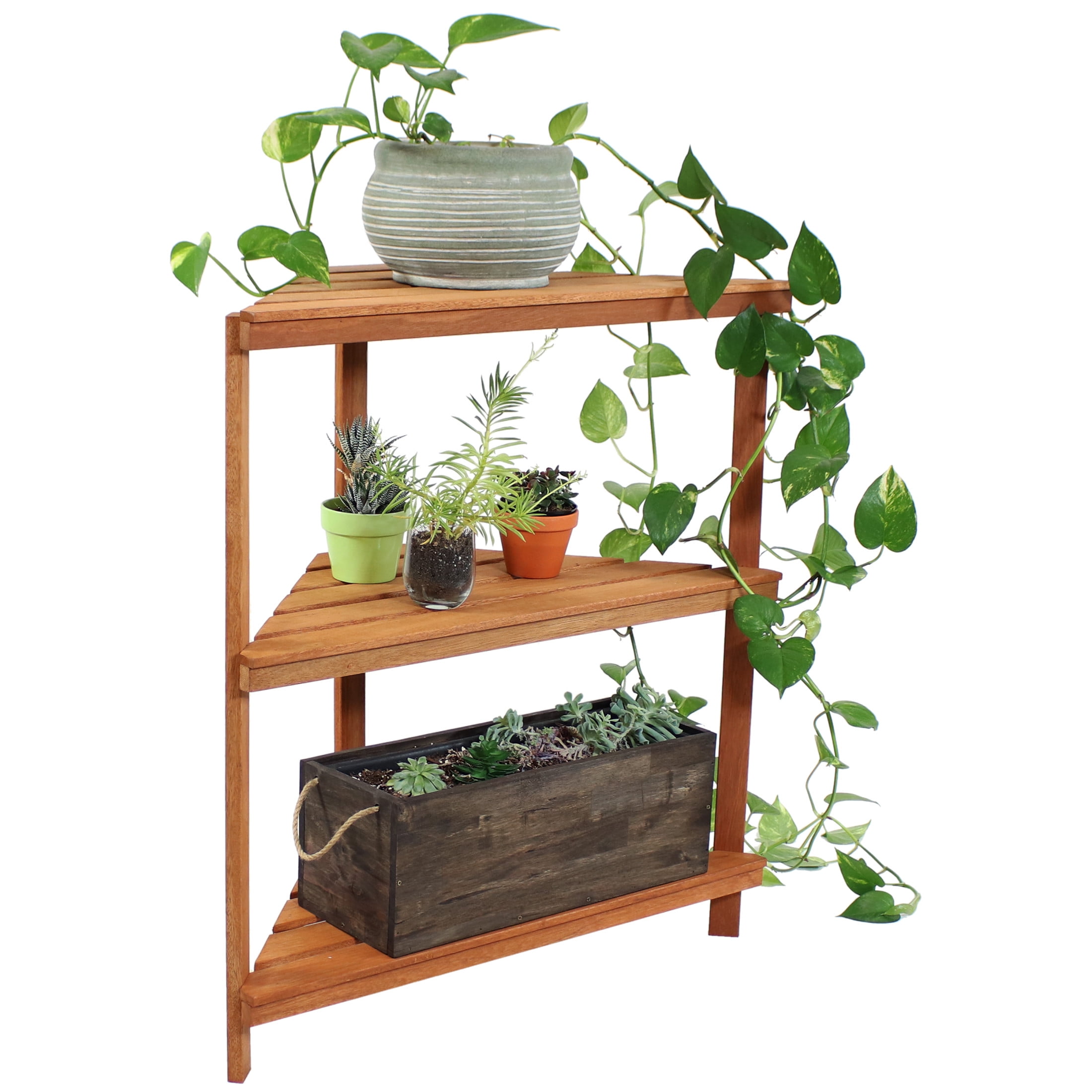 Sunnydaze Brown Meranti Wood 3-Tier Corner Plant Stand
