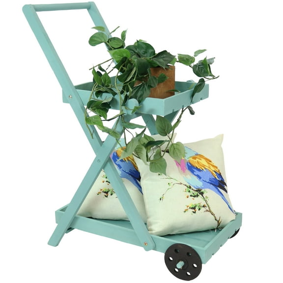 Sunnydaze 34" H 2-Tier Blue Fir Wood Wheeled Plant Stand Cart