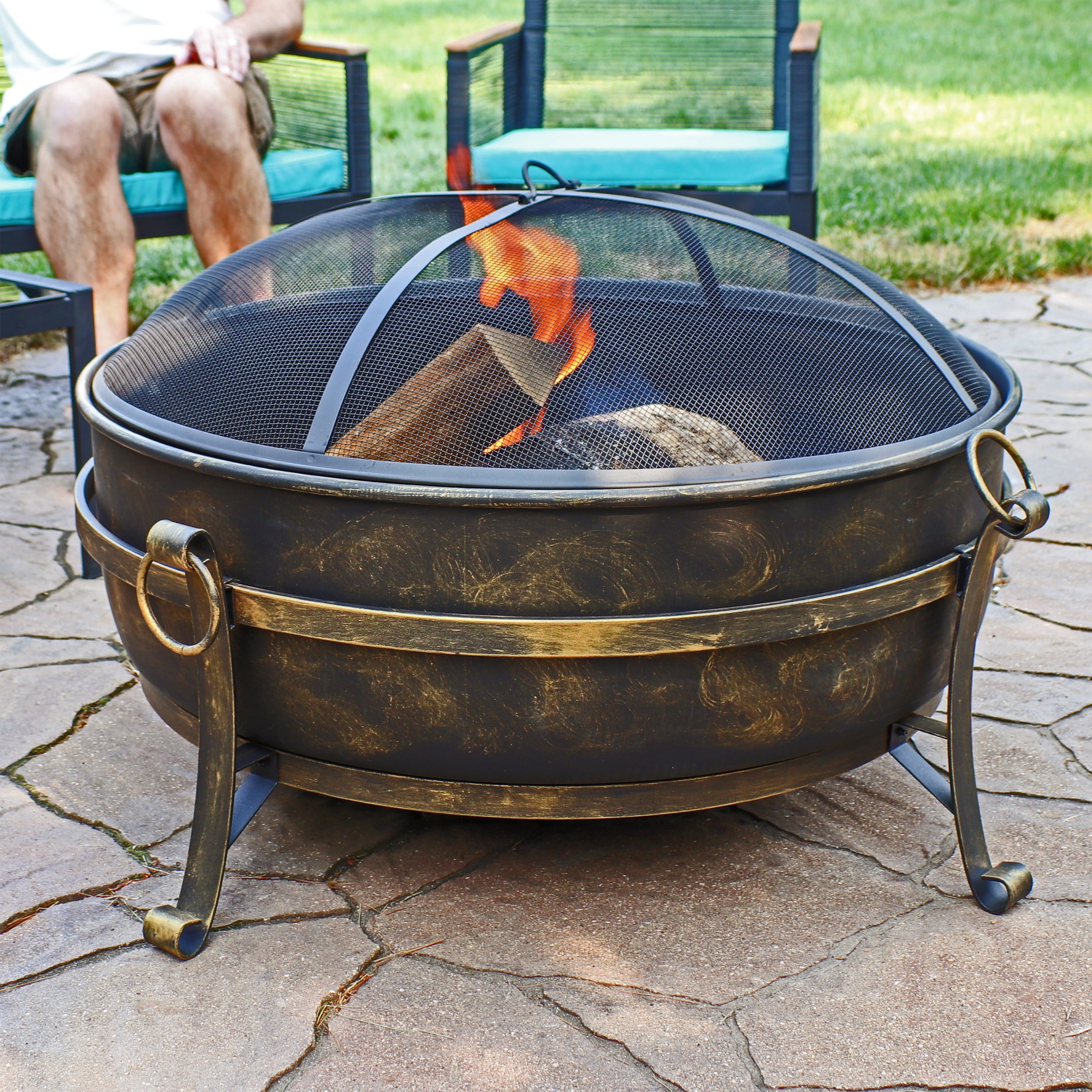 Sunnydaze 34" Round Wood-Burning Black Finish Steel Cauldron Style Outdoor Fire Pit Bowl - Walmart.com