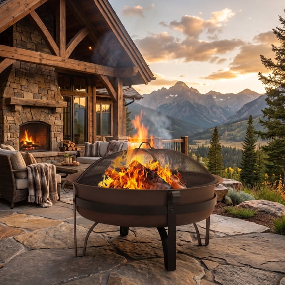 Sunnydaze 34" Round Wood-Burning Bronze Finish Steel Fire Pit Bowl with Spark Screen and Poker