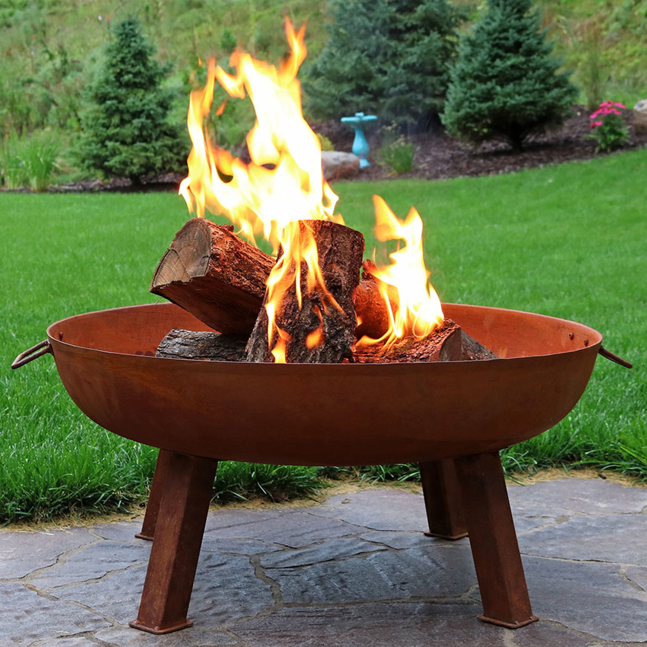 Rustic Cast Iron 34" Outdoor Wood-Burning Fire Pit Bowl with Handles