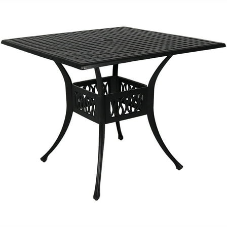 Sunnydaze 35" Square Cast Aluminum Outdoor Dining Table with Umbrella Hole, Black