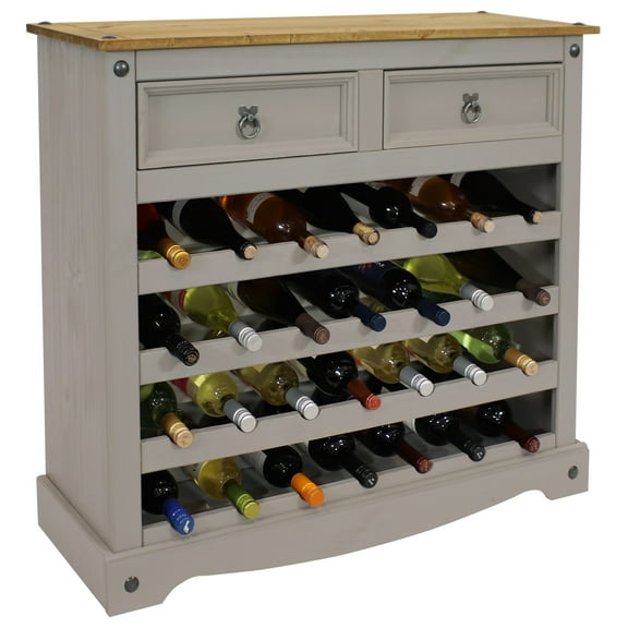 Sunnydaze 39.5" Solid Pine 28-Bottle Wine Rack Table Cabinet with 2 Drawers, Gray