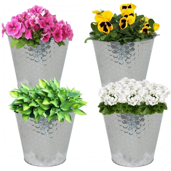 Sunnydaze 4.1-Gallon Round Galvanized Steel Buckets w/ Hexagon Pattern, Silver, 4-Pack