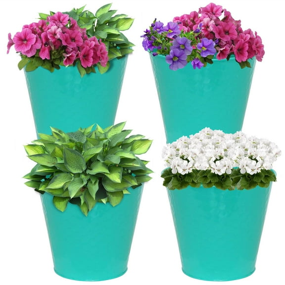 Sunnydaze 4.1-Gallon Round Galvanized Steel Buckets w/ Hexagon Pattern, Teal, 4-Pack