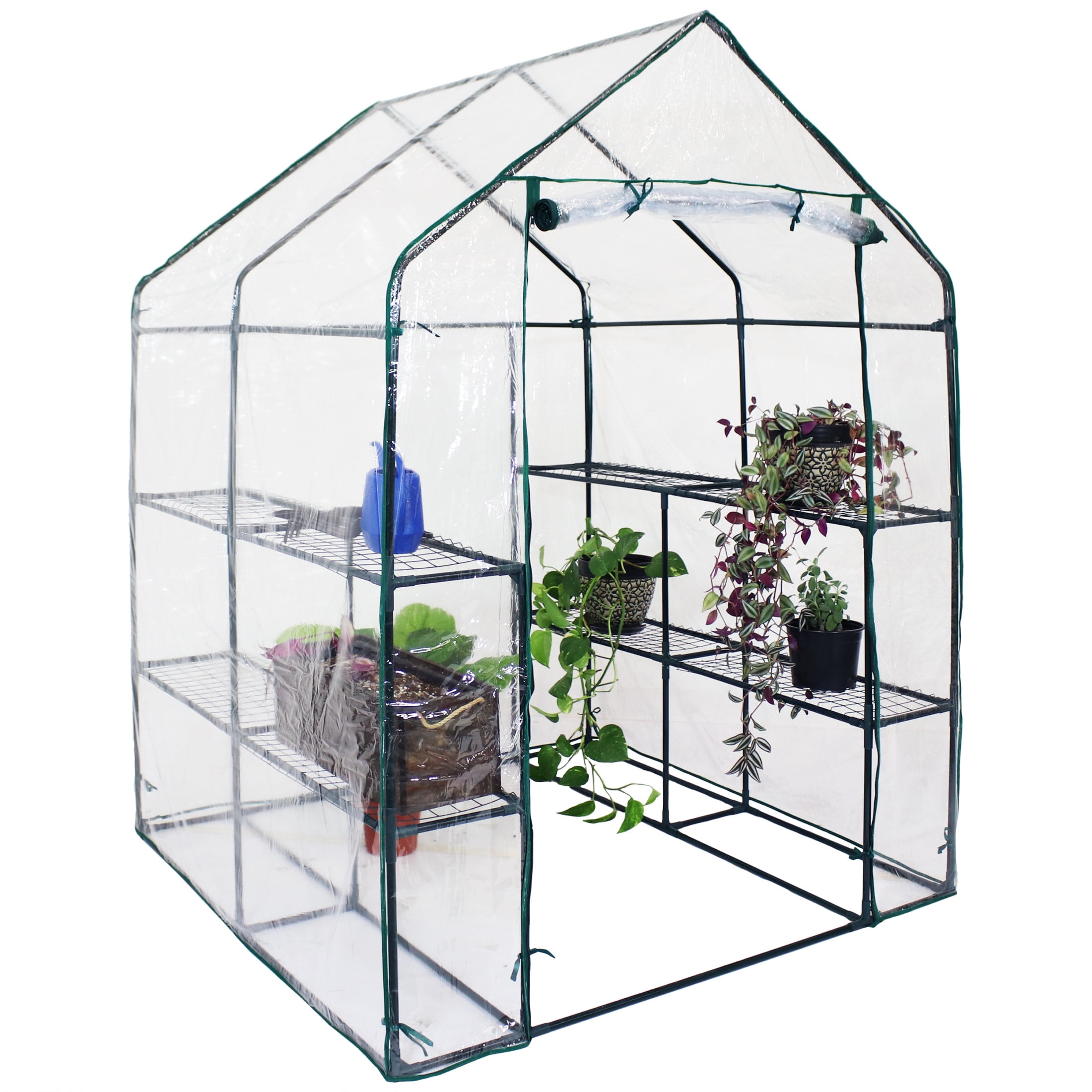 Clear PVC Walk-In Greenhouse with 4 Steel Shelves