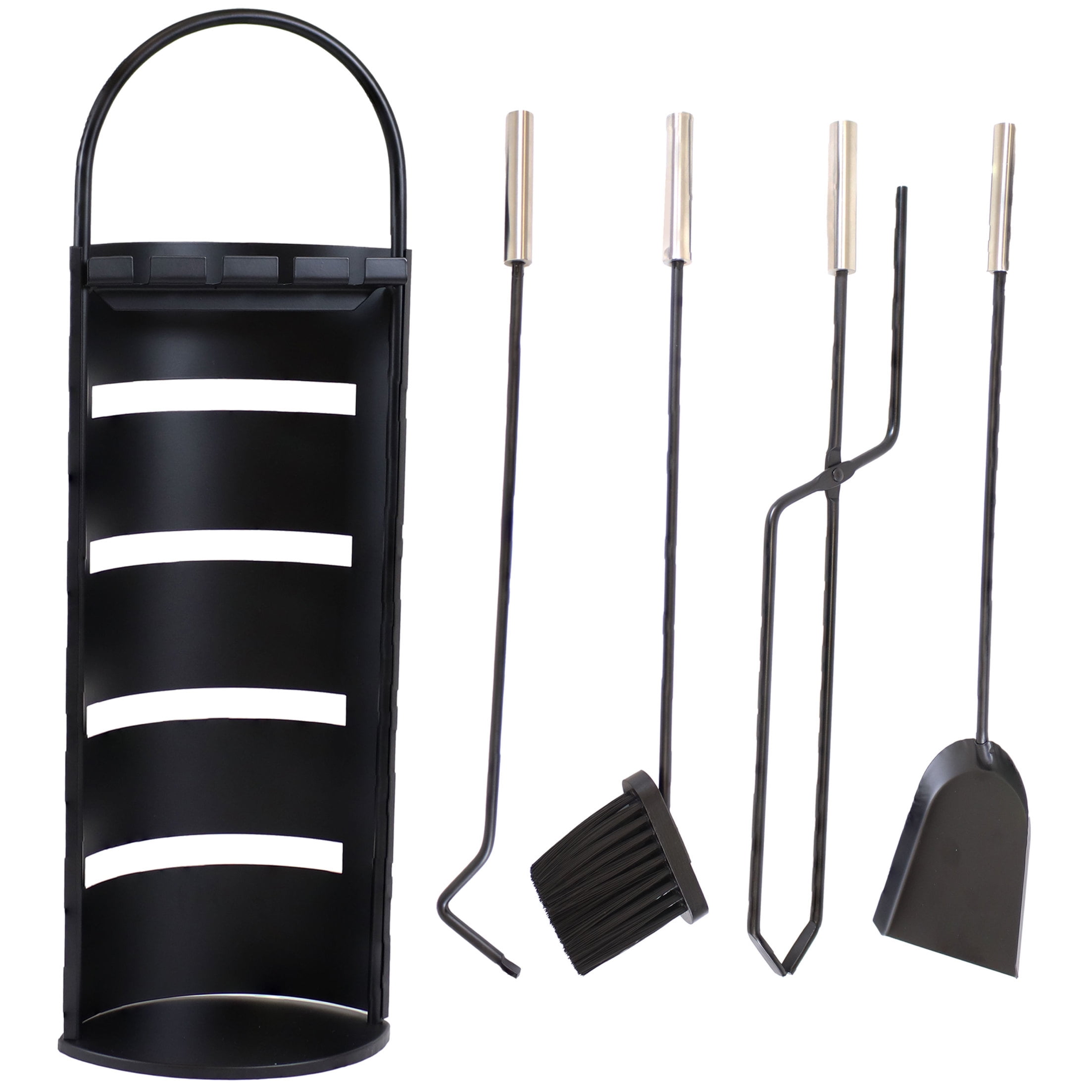 Modern Black Carbon Steel Fireplace Tool Set with Stainless Steel Handles