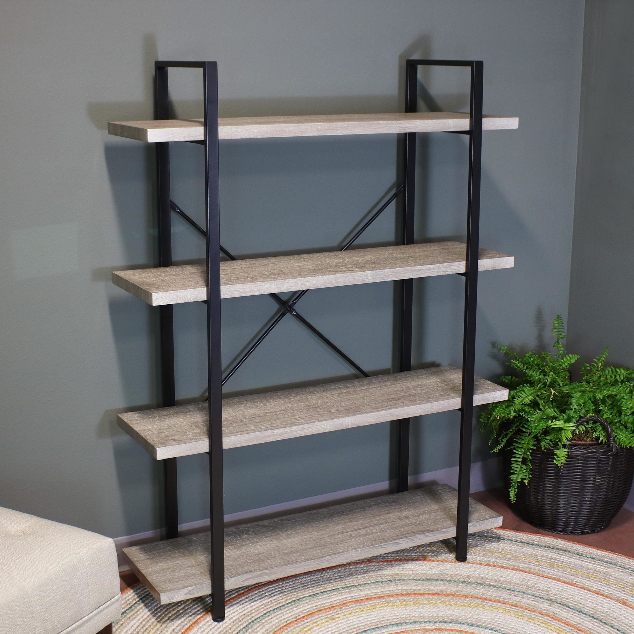 Oak Gray 4-Tier Adjustable Industrial Bookshelf with Steel Frame