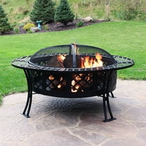 Sunnydaze 40" Round Wood-Burning Black Finish Steel Diamond Weave Fire Pit Table with Screen