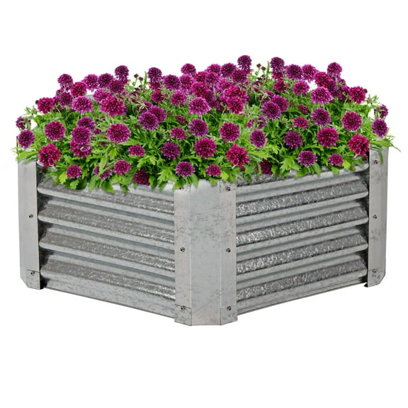 Sunnydaze 40" x 36" x 16" Hexagon Silver Galvanized Steel Raised Garden Bed