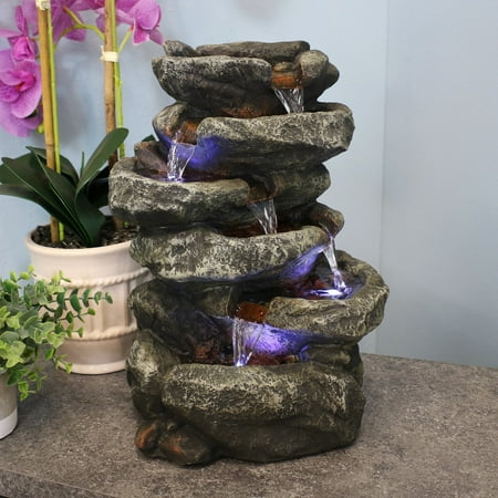Sunnydaze Stone Falls Rustic Polyresin Gray Tabletop Fountain with LED Lights