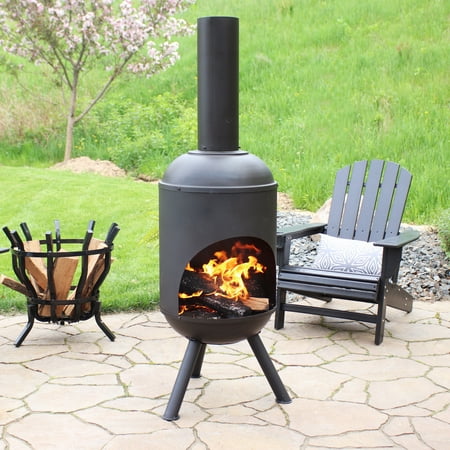 Sunnydaze 60" Modern Heat-Resistant Black Finish Steel Wood-Burning Chiminea with Wood Grate