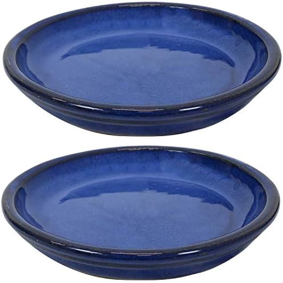 Sunnydaze 7-Inch Ceramic Plant Saucers - Plant Drip Trays for Outdoor Planter Flower Pot Drainage - Set of 2 - Imperial Blue