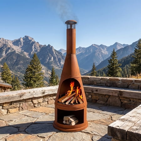 Sunnydaze 70" Rustic Finish Steel Outdoor Chiminea Fire Pit with Built-In Log Holder