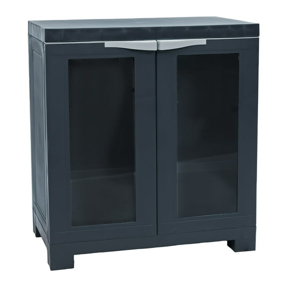 Sunnydaze Adjustable 25.5" Plastic 1-Shelf Freestanding Garage Storage Cabinet with Windows, Charcoal