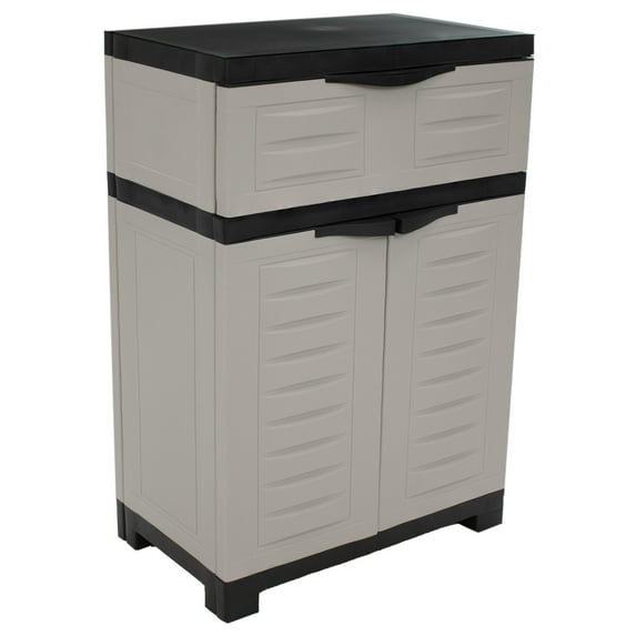 Sunnydaze Adjustable 34.5" Plastic 1-Shelf 1-Drawer Freestanding Storage Cabinet, Gray with Charcoal Trim