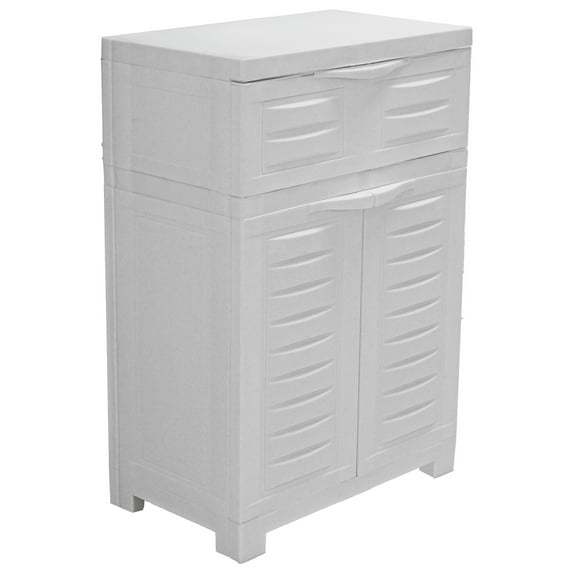 Sunnydaze Adjustable 34.5" Plastic 1-Shelf 1-Drawer Freestanding Storage Cabinet, Speckled White with Speckled White Trim