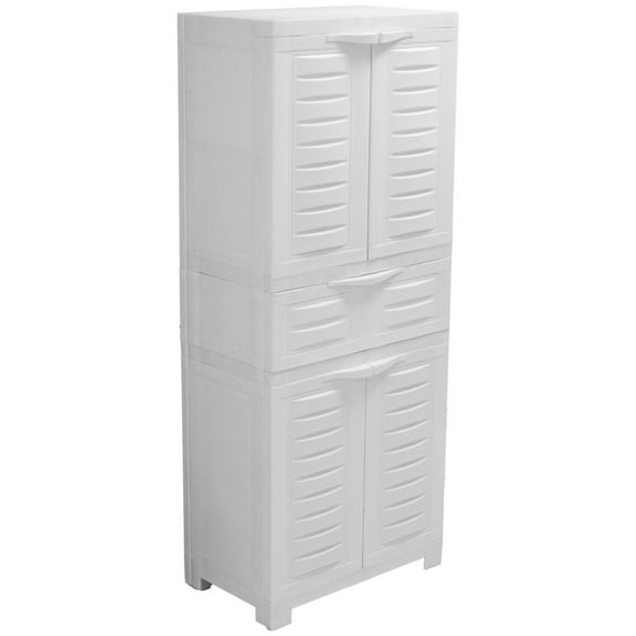 Sunnydaze Adjustable 57" Plastic 2-Shelf 1-Drawer Freestanding Storage Cabinet, Speckled Gray