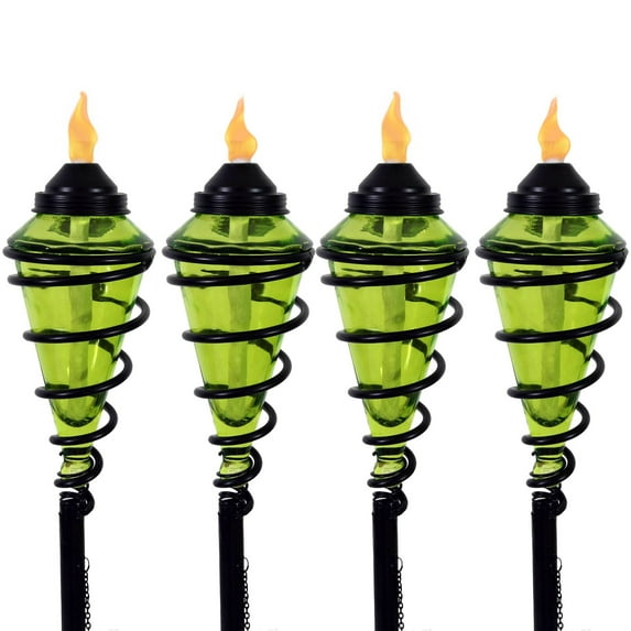 Sunnydaze Adjustable Height Metal Swirl Glass Outdoor Lawn Patio Torch - Green - Set of 4