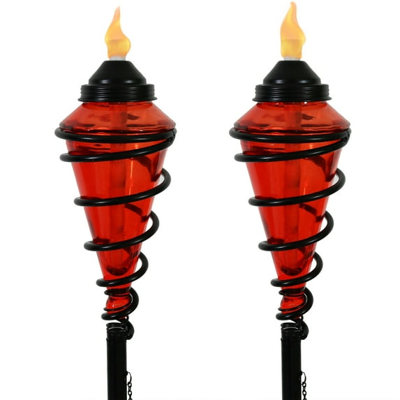 Sunnydaze Adjustable Height Metal Swirl Glass Outdoor Lawn Patio Torch - Red - Set of 2
