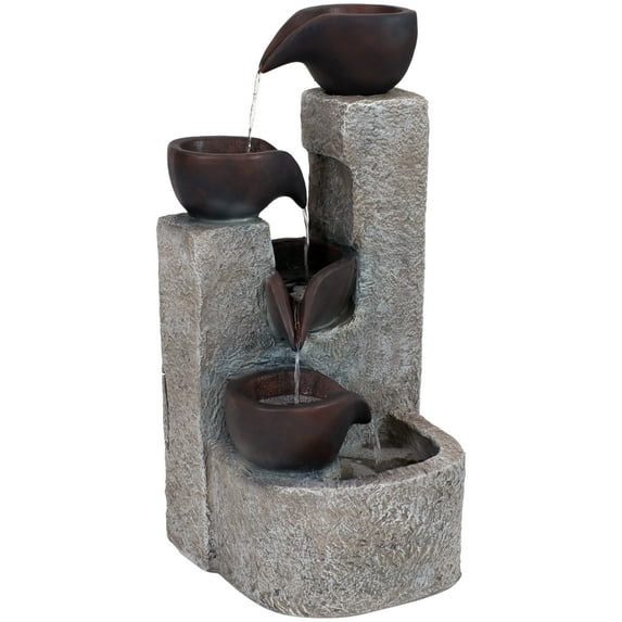 Sunnydaze Aged Tiered Vessels Sculptural Gray Polyresin Solar Fountain with Battery