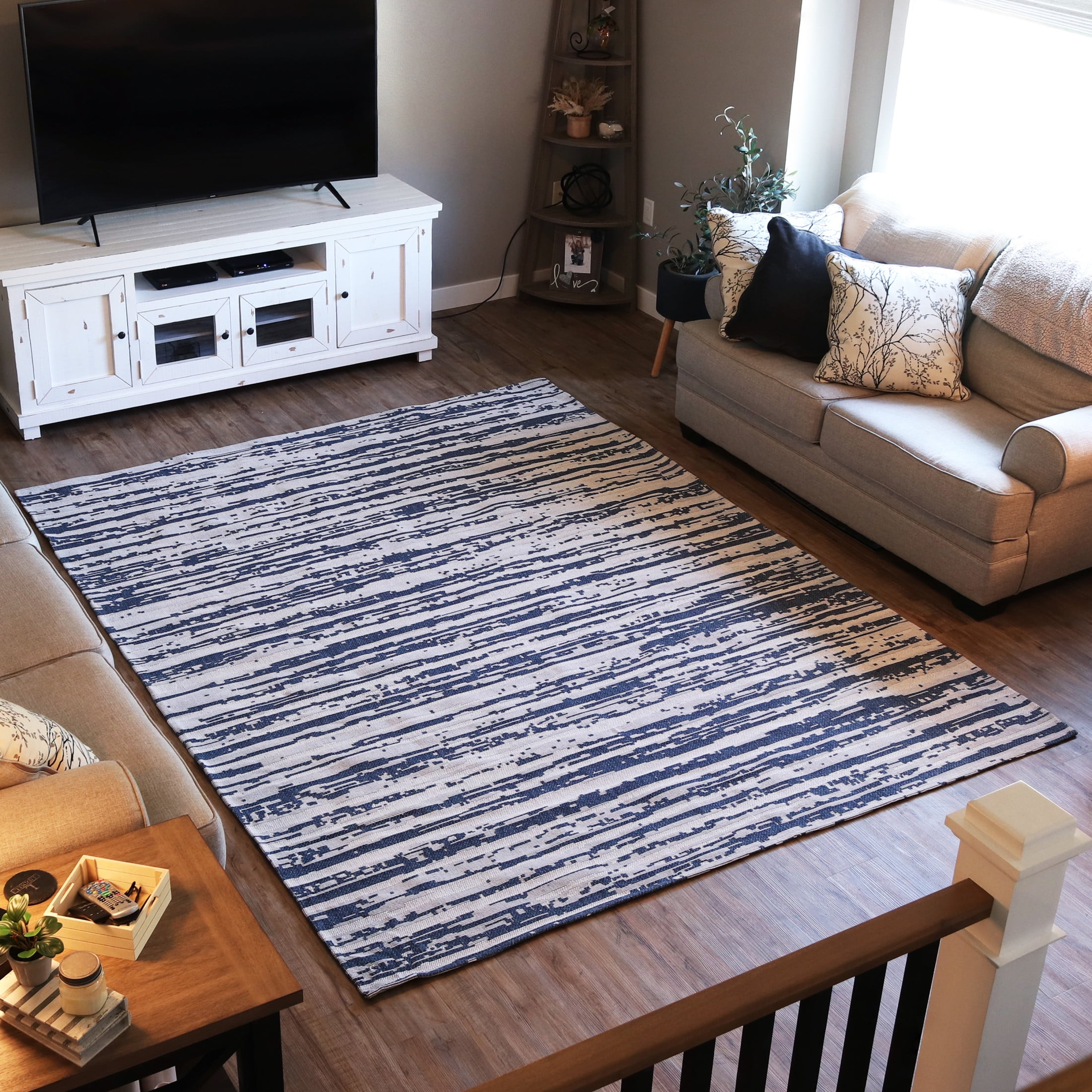 Sunnydaze Allusive Boundaries Modern Flat Weave Blue Abstract Stripes ...