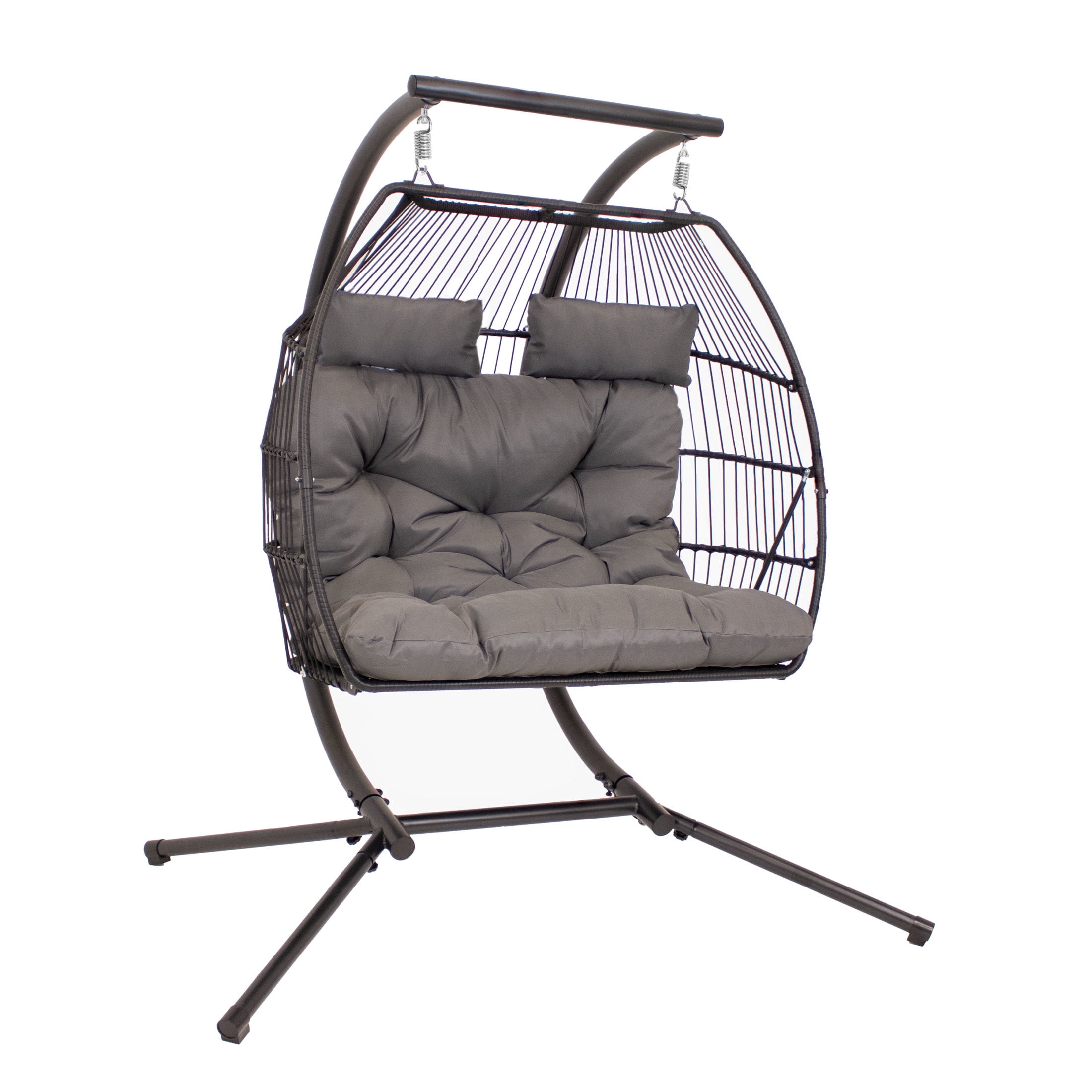 Dark Gray Double Egg Hanging Chair with Cushions and Steel Stand
