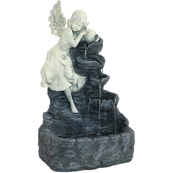 Sunnydaze Angel Falls Traditional Gray Polyresin Solar Fountain with Battery and LEDs
