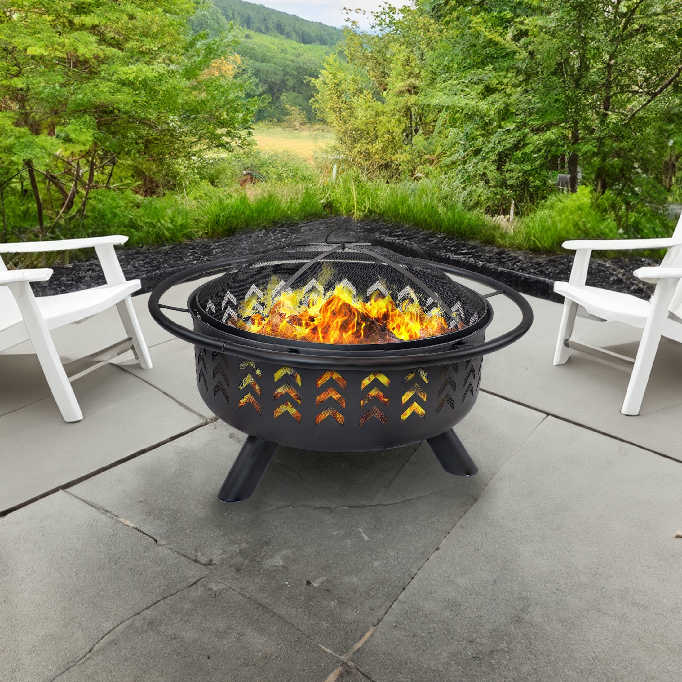 36-Inch Black Steel Arrow Motif Fire Pit with Spark Screen