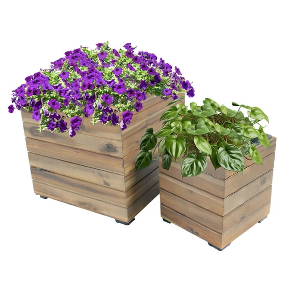 Sunnydaze Assorted Square Anthracite Acacia Wood Planter Box with Liner 2-Count