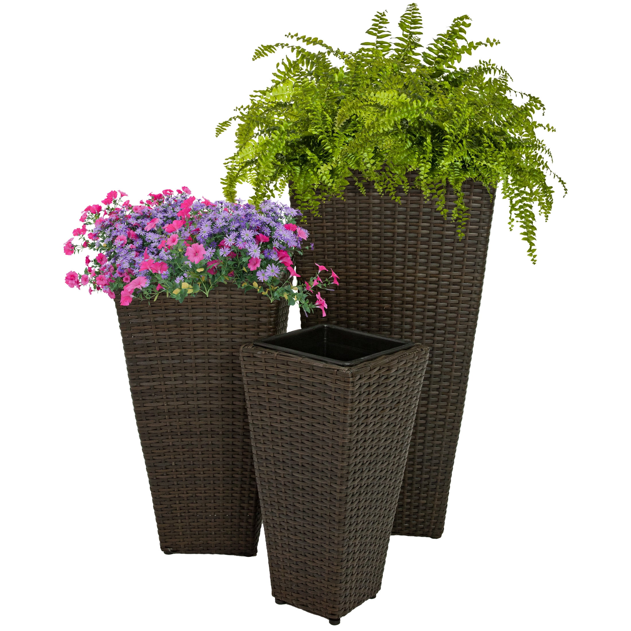 Sunnydaze Assorted Square Outdoor Brown Rattan Planter with Liner 3-Count