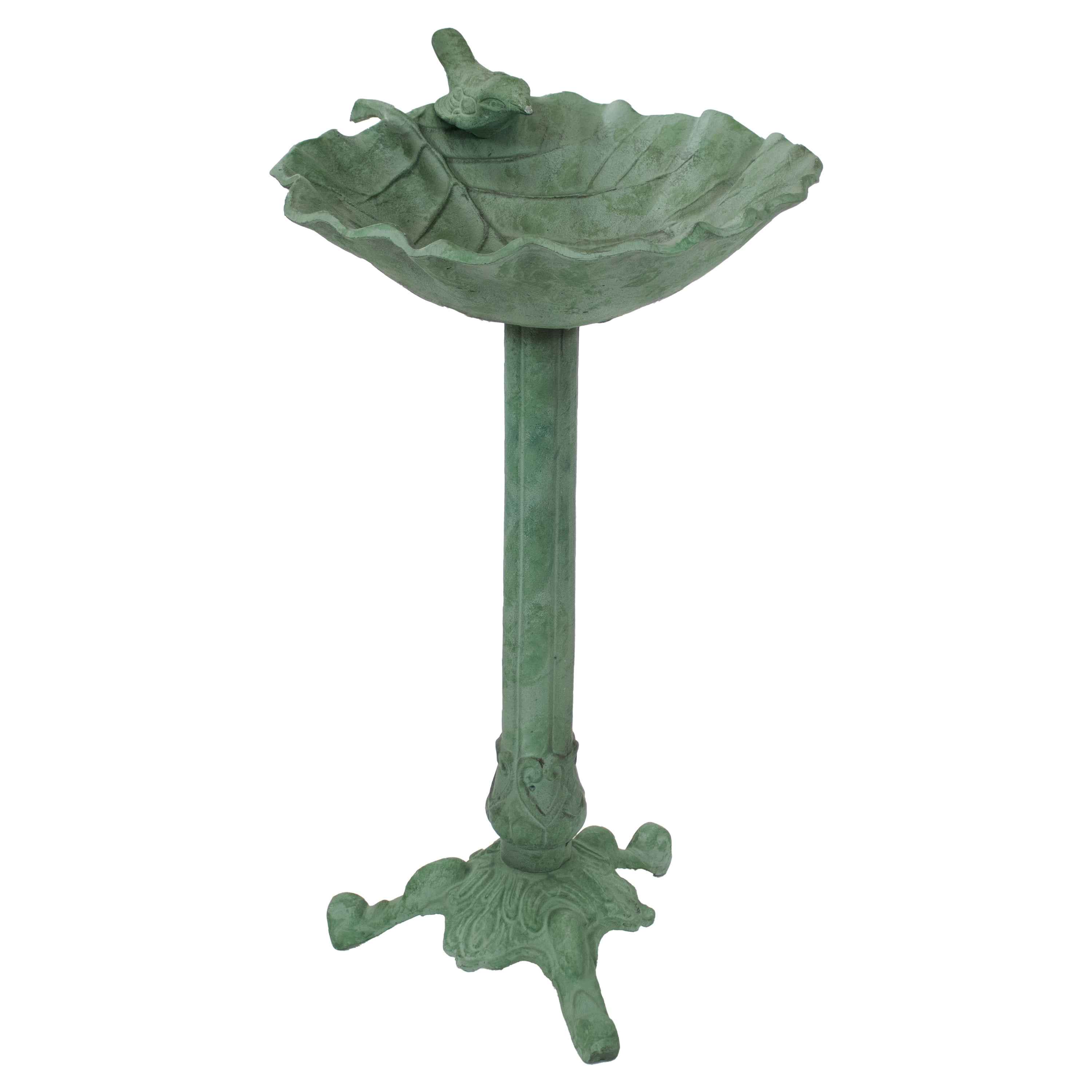 Green Patina Cast Aluminum Leaf Bird Bath with Metal Sculpture