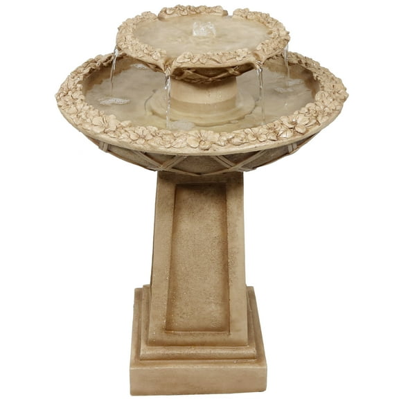 Sunnydaze Beveled Flower Light Brown Polyresin 2-Tier Birdbath Water Fountain