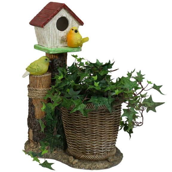 Sunnydaze Bird House 11.5" x 7.5" x 17.25" Polyresin Outdoor Planter with Solar Lighted Birds