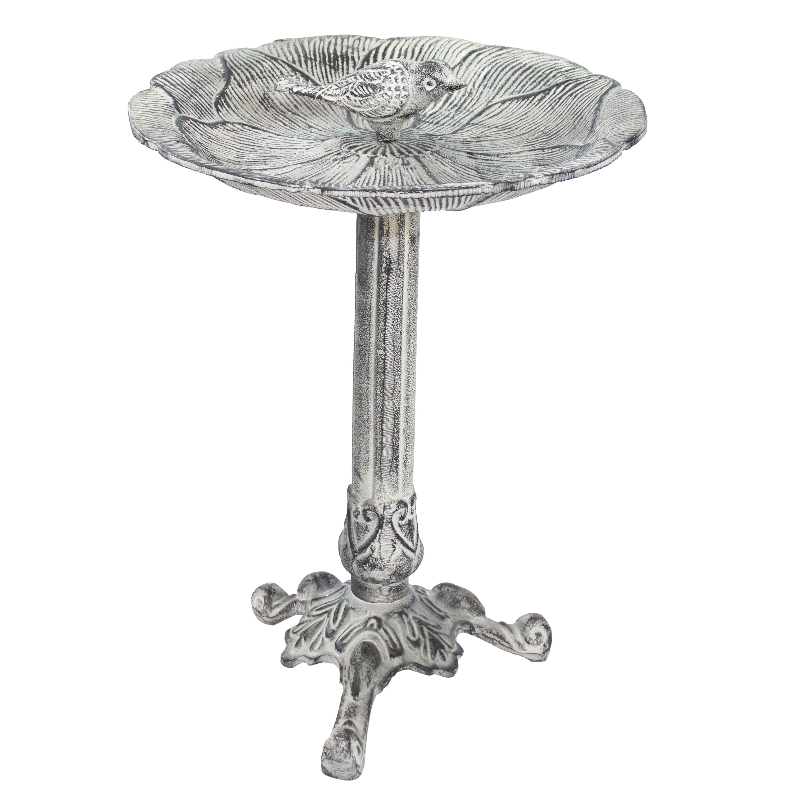 Antique Gray Cast Aluminum Bird Bath with Blossom Motif
