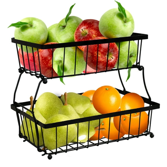 Sunnydaze Black Metal Wire Collapsible 2-Tier Fruit Basket for Kitchen Counter