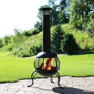 Sunnydaze 66" Black High-Temperature Paint Finish Steel Wood-Burning Chiminea with Rain Cap