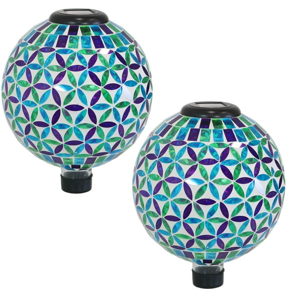 Sunnydaze Blue Cool Blossoms 10" Mosaic Glass Outdoor Gazing Globe with Solar Light (2 Count)