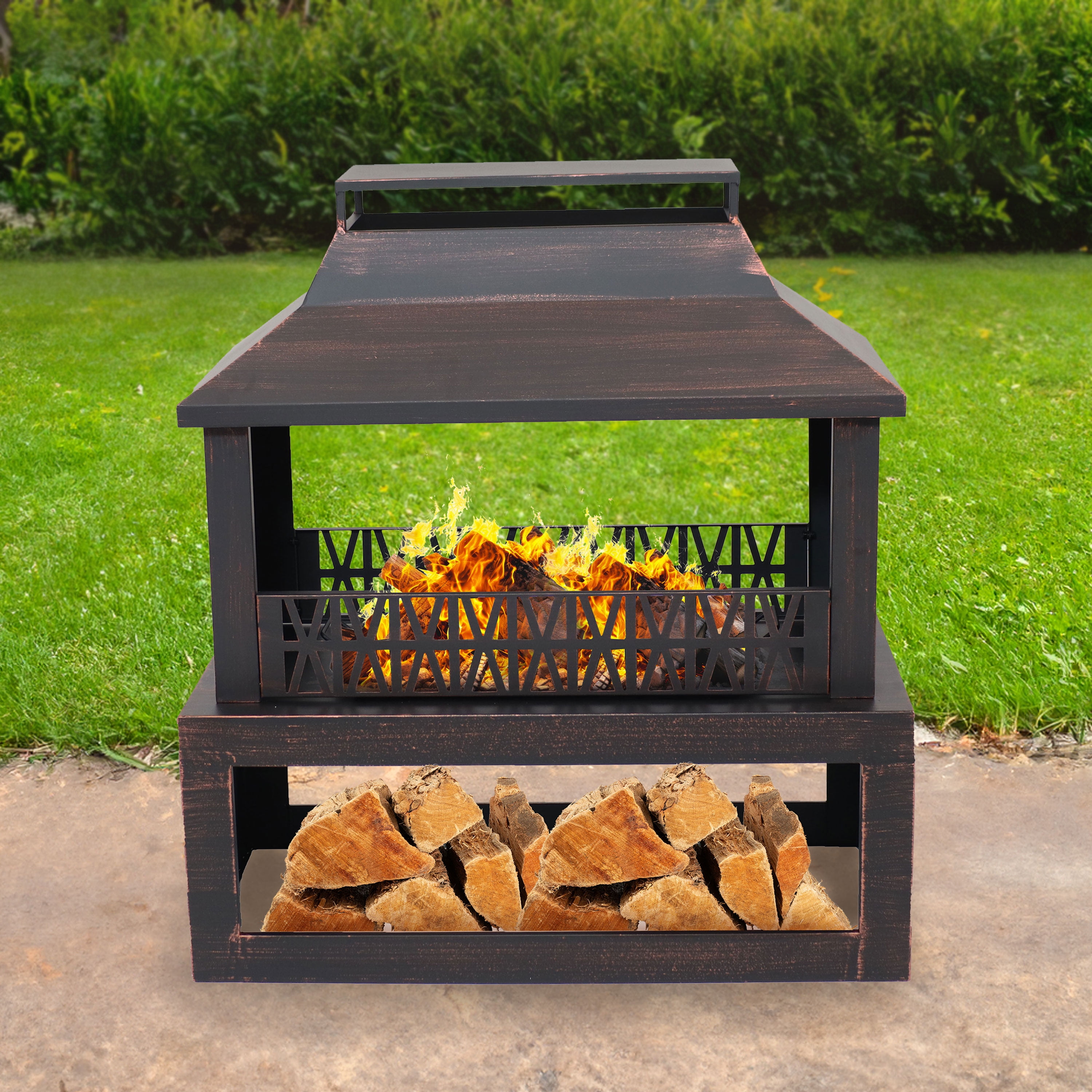 Bronze Steel Outdoor Fireplace with Log Storage and Pavilion Roof