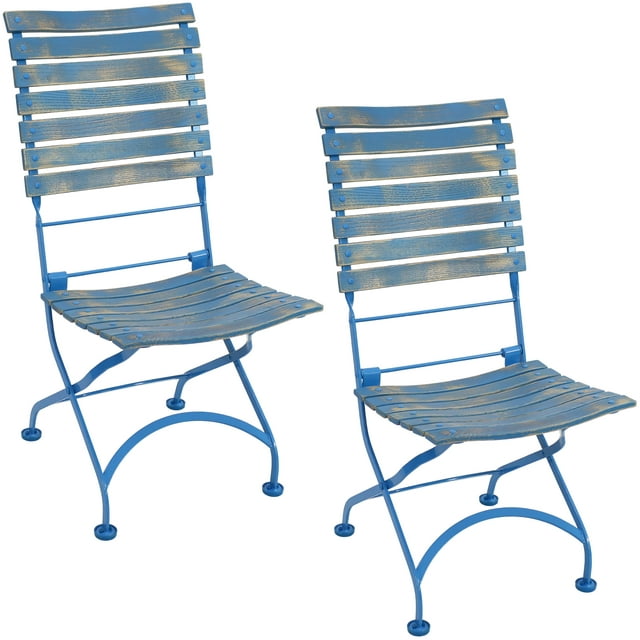Sunnydaze Cafe Couleur Folding Chestnut Wooden Folding Bistro Chair - Blue - Set of 2