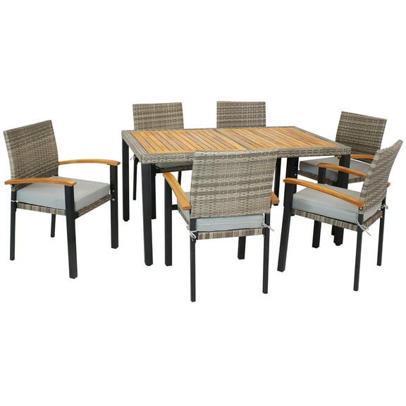 Sunnydaze Carlow 7-Piece Resin Wicker Patio Dining Set with Cushions, Black/Blue