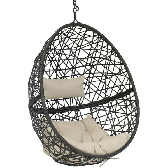 Sunnydaze Caroline Resin Wicker Egg Hanging Chair with Cushions, Beige