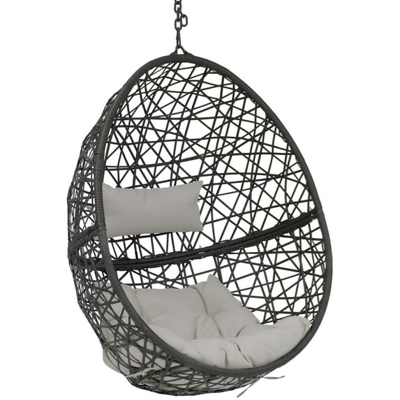 Sunnydaze Caroline Resin Wicker Egg Hanging Chair with Cushions, Gray