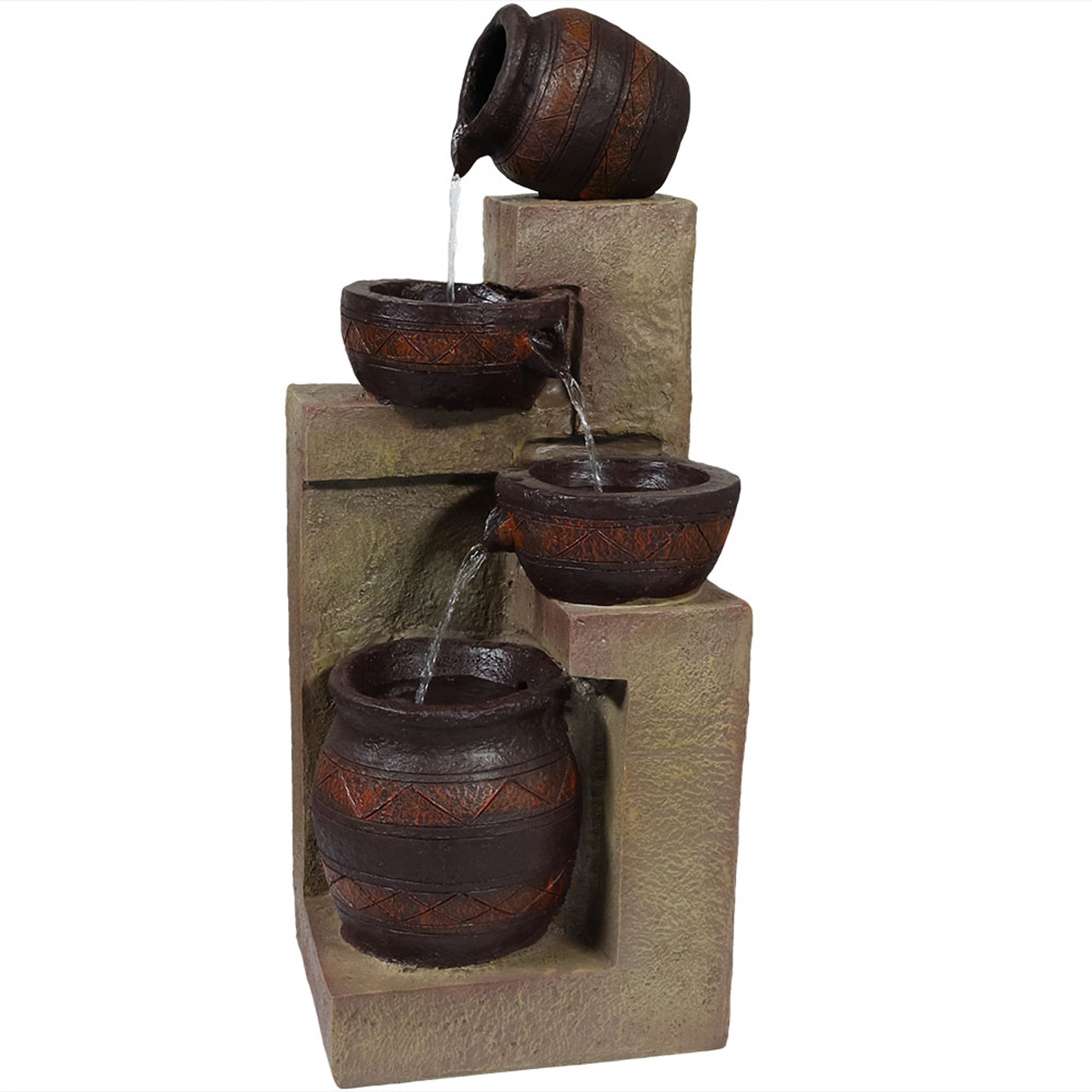 30-Inch Brown Polystone Solar Powered Cascading Water Fountain with LED Light