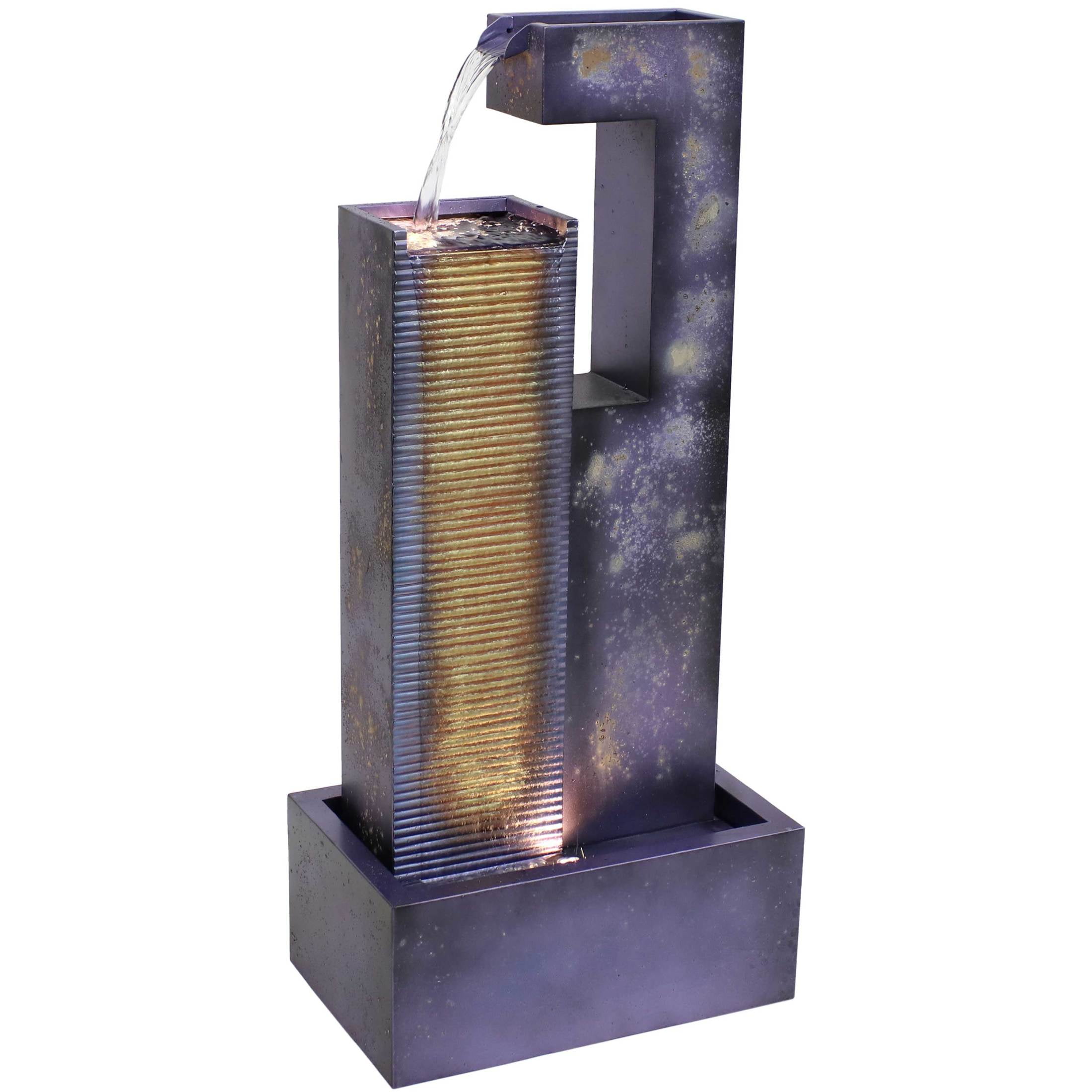 Dark Purple Metal Cascading Tower Outdoor Water Fountain with LED Lights