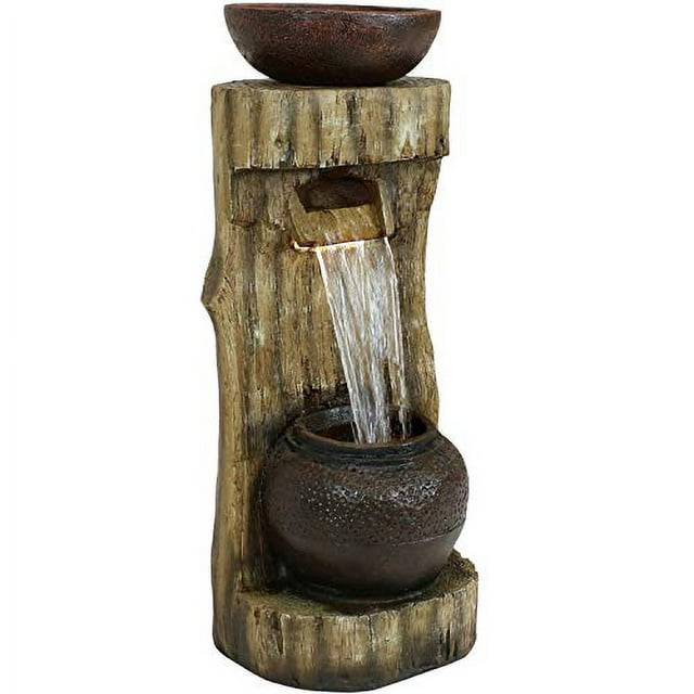 Sunnydaze Cascading Tree Stump Outdoor Water Fountain with LED Lights and Planter - Corded Electric - Garden, Patio and Lawn Decor - Outdoor Polyresin Waterfall Feature - 35-Inch