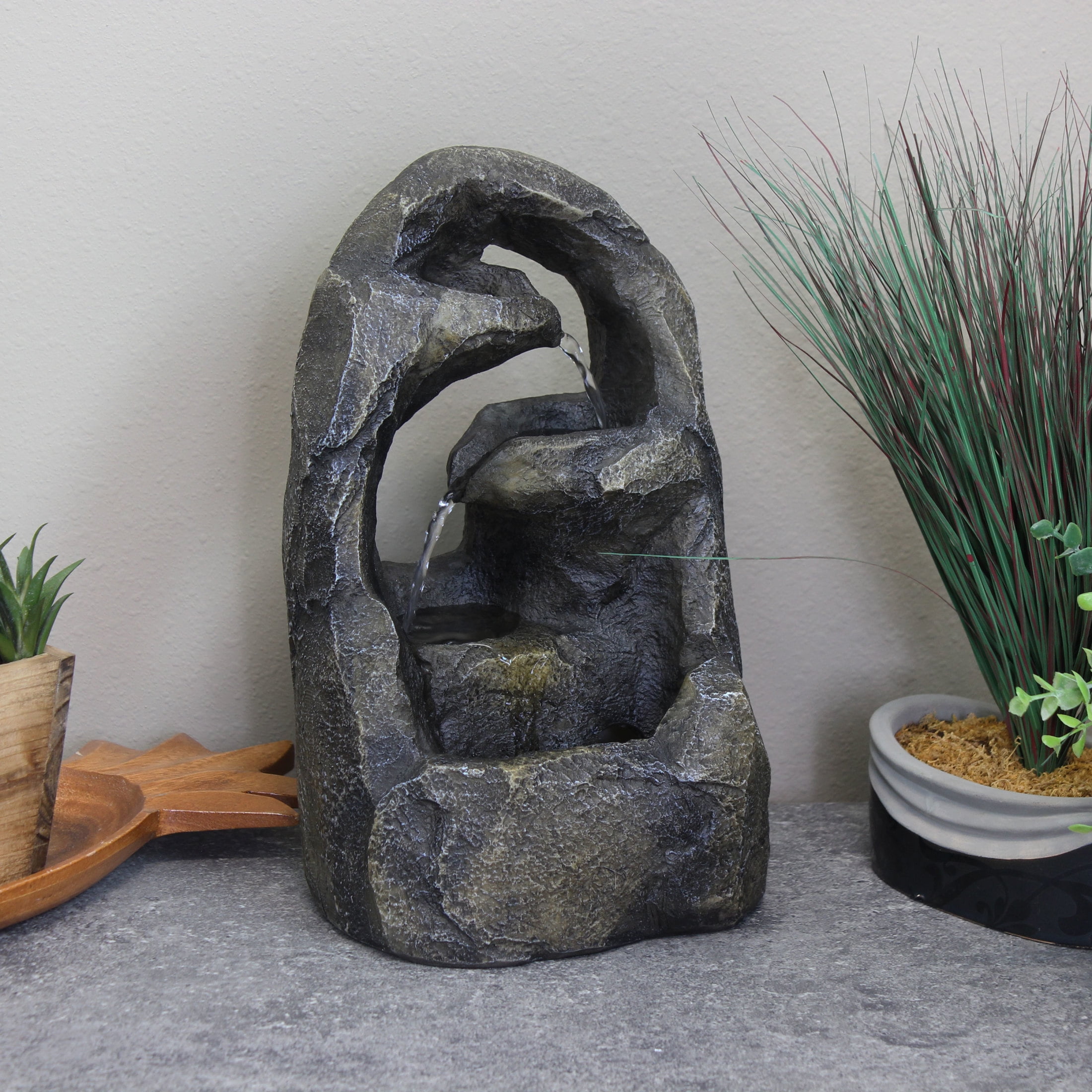Cavernous Rock Tiers Brown Resin Tabletop Water Fountain